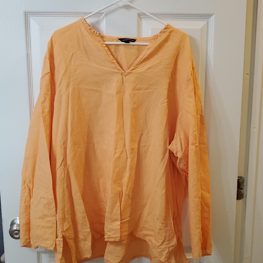 Land's End Women's Orange V-Neck  100% Linen Top 3x